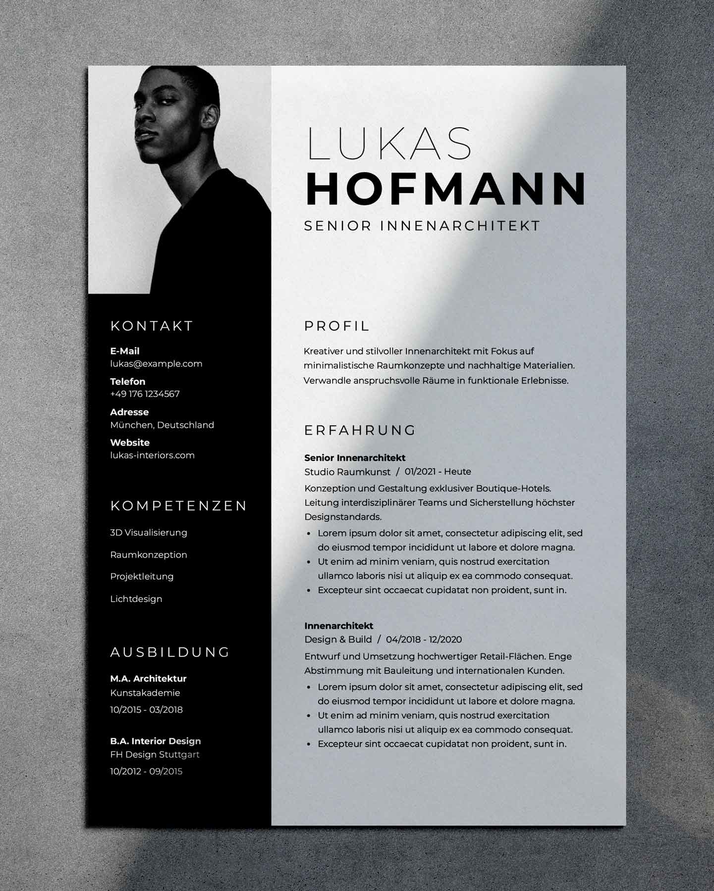 Elegante Lebenslauf Vorlage Noir als PDF Export